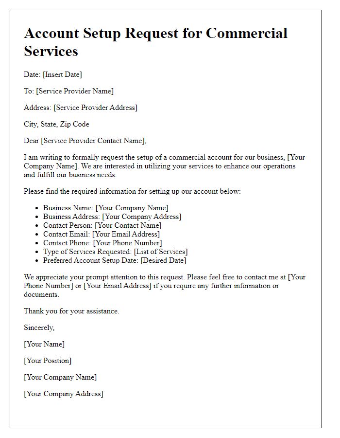 Letter template of account setup request for commercial services