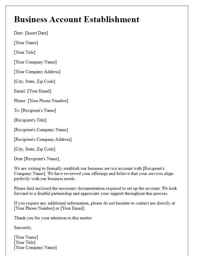 Letter template of business service account establishment