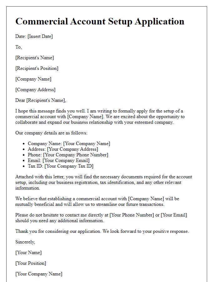 Letter template of commercial account setup application