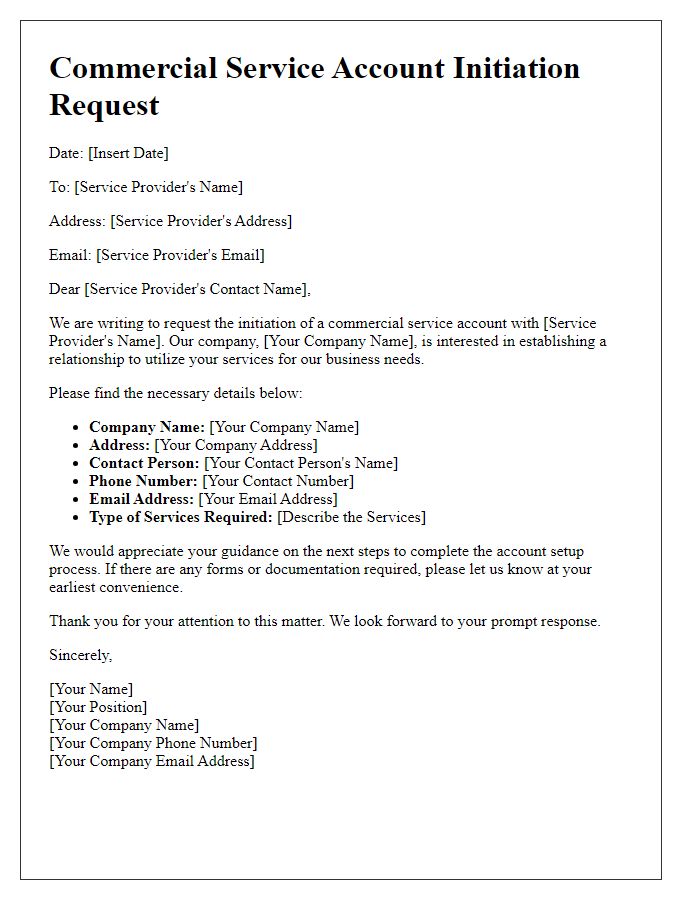 Letter template of commercial service account initiation request