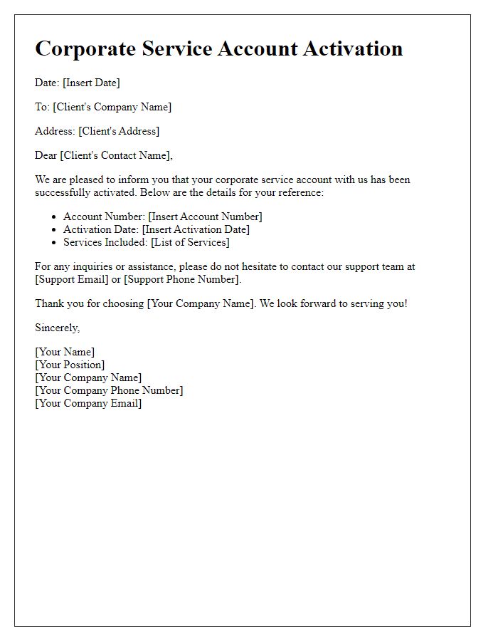 Letter template of corporate service account activation