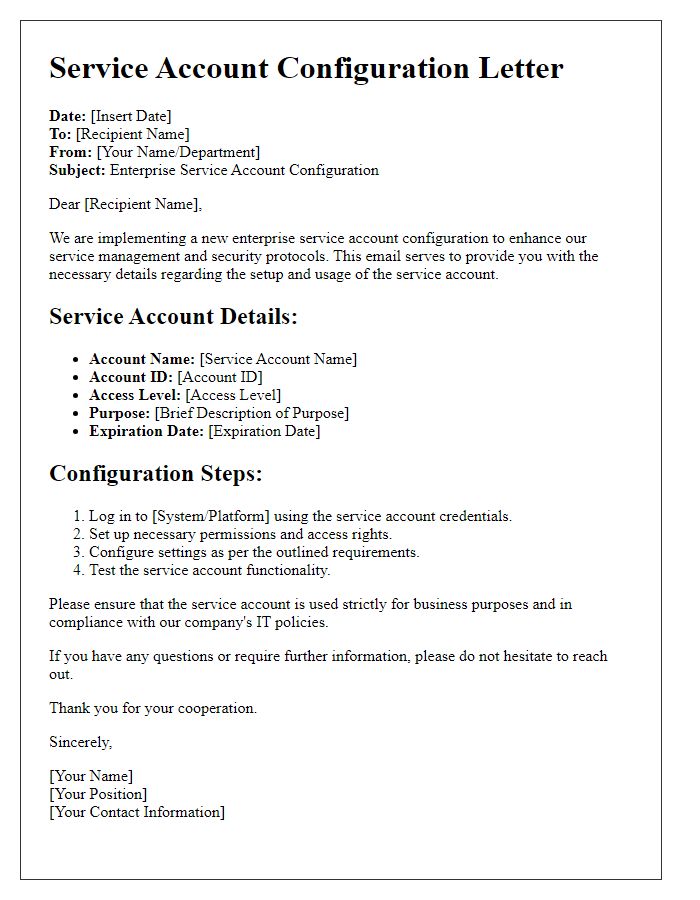 Letter template of enterprise service account configuration