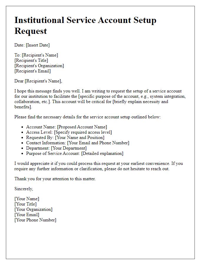 Letter template of institutional service account setup