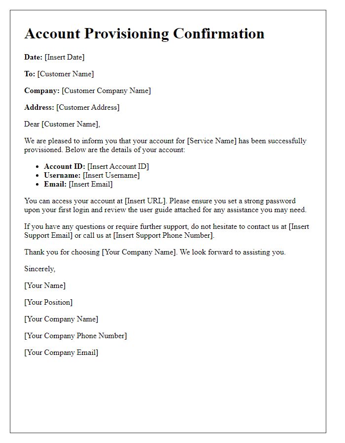 Letter template of professional service account provisioning