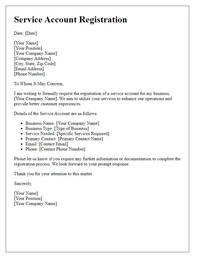 Letter template of service account registration for businesses