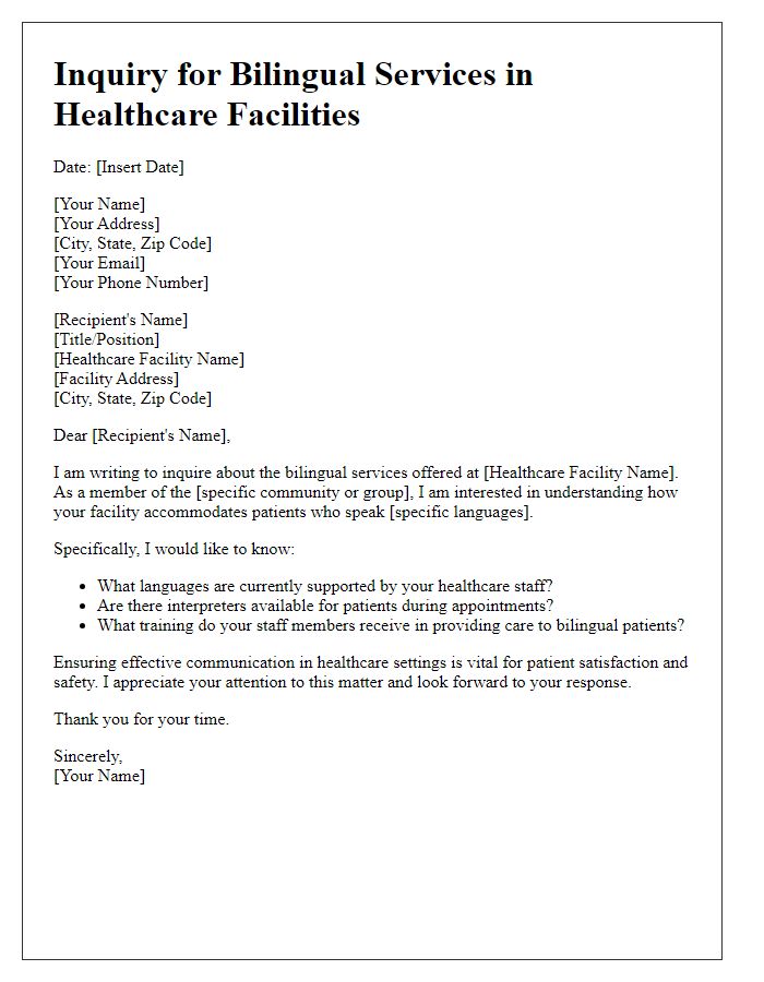 Letter template of inquiry for bilingual services in healthcare facilities