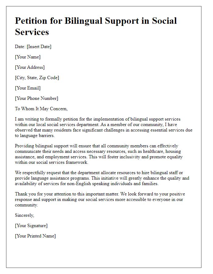 Letter template of petition for bilingual support in social services