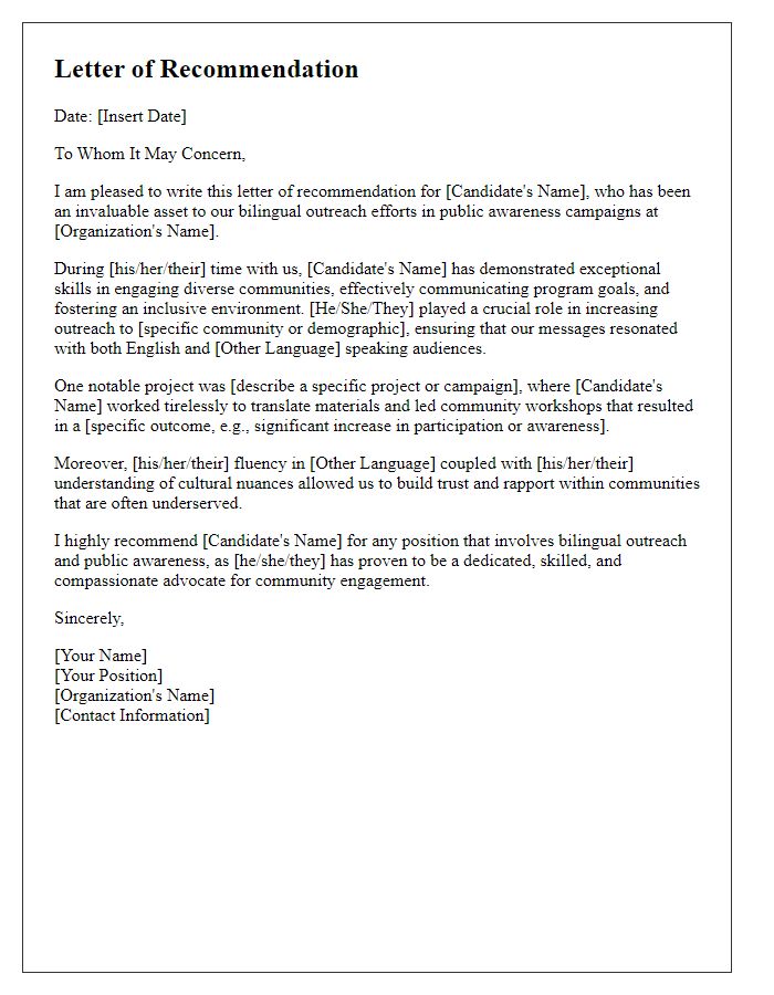 Letter template of recommendation for bilingual outreach in public awareness campaigns