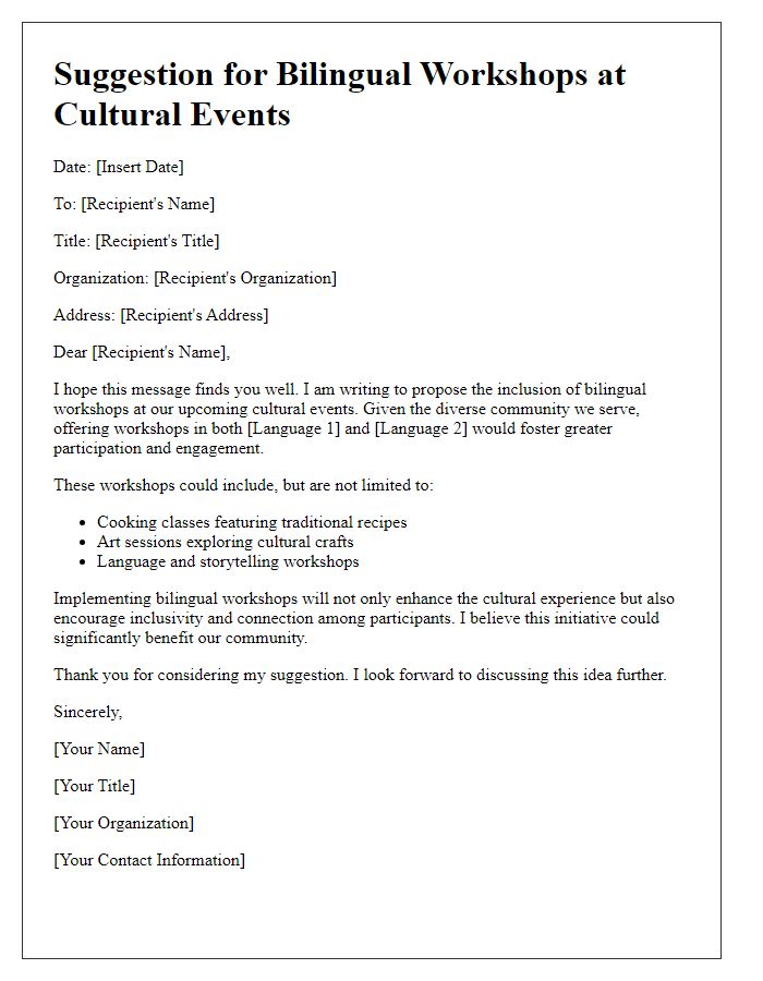 Letter template of suggestion for bilingual workshops in cultural events