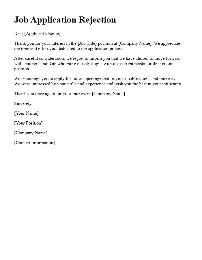 Letter template of job application rejection for a remote work position