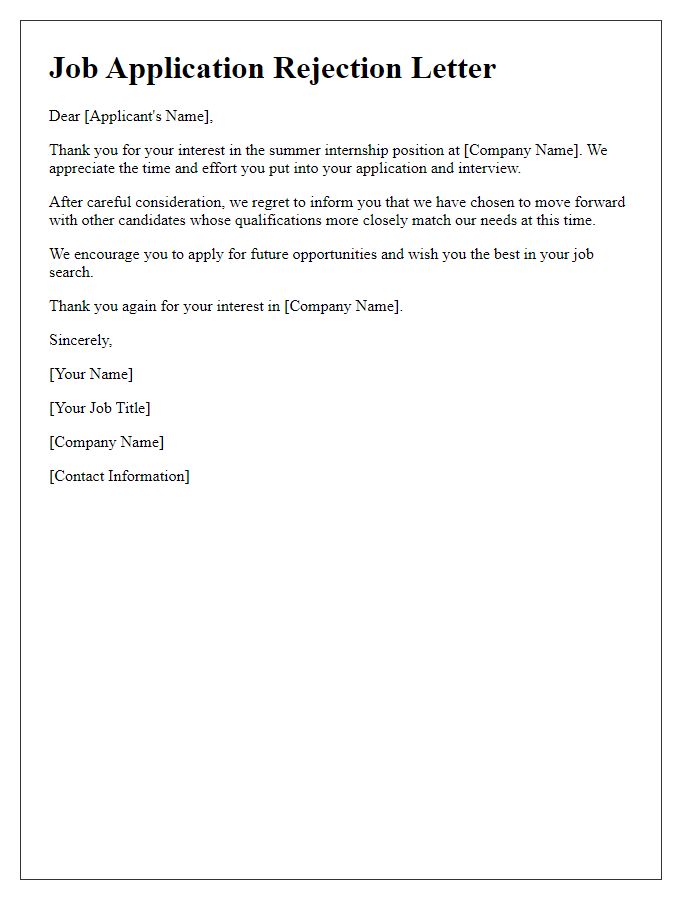 Letter template of job application rejection for a summer internship
