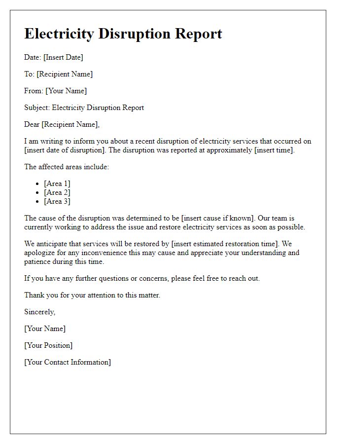 Letter template of Electricity Disruption Report