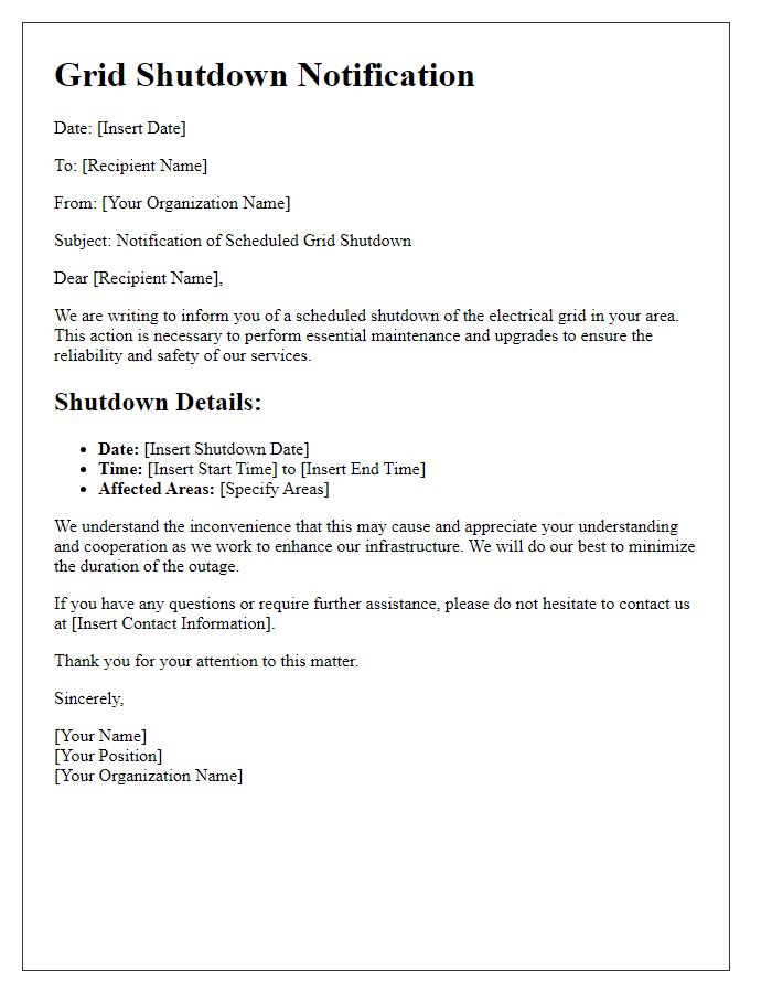 Letter template of Grid Shutdown Notification