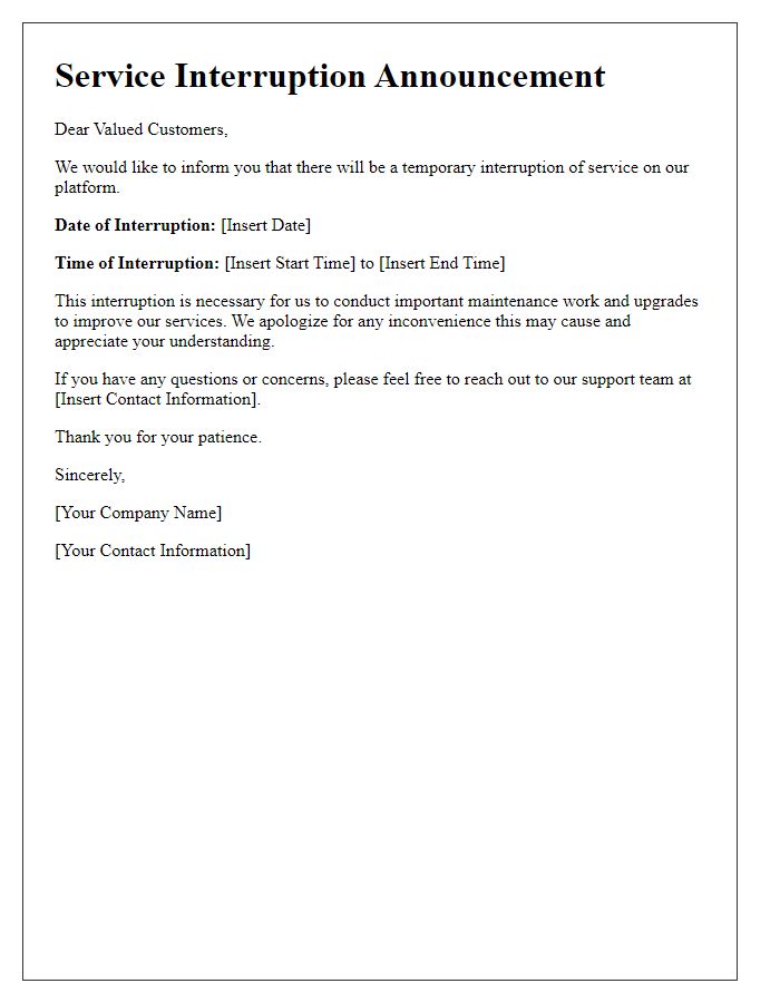 Letter template of Service Interruption Announcement