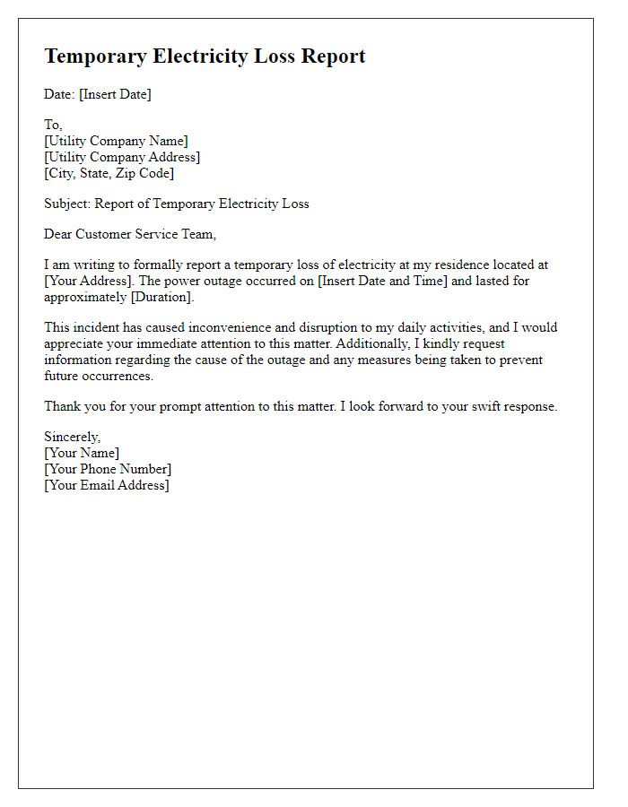 Letter template of Temporary Electricity Loss Report