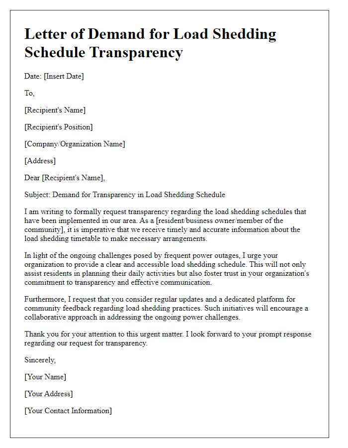 Letter template of demand for load shedding schedule transparency.