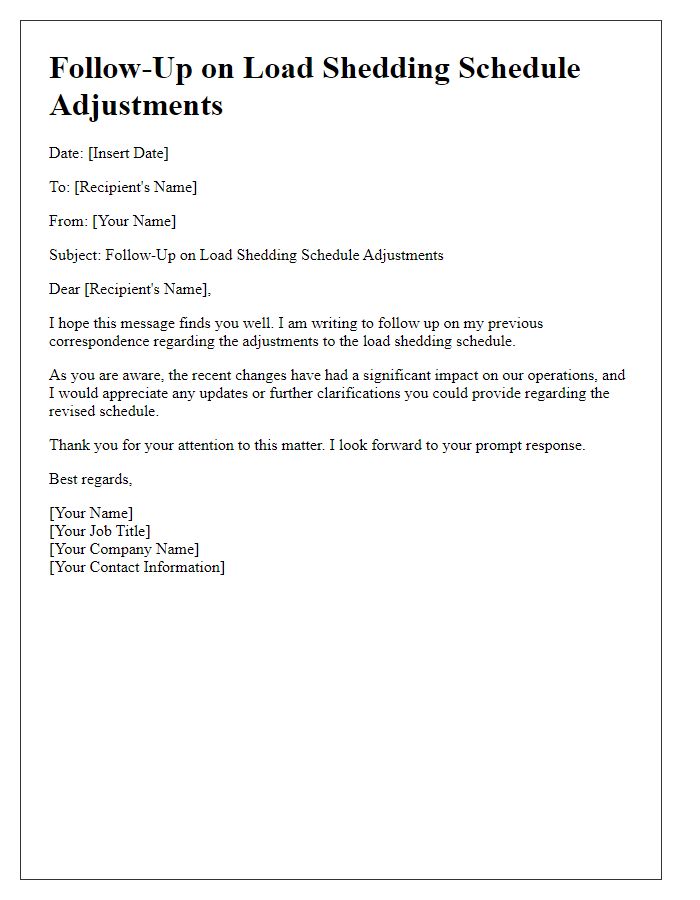 Letter template of follow-up on load shedding schedule adjustments.