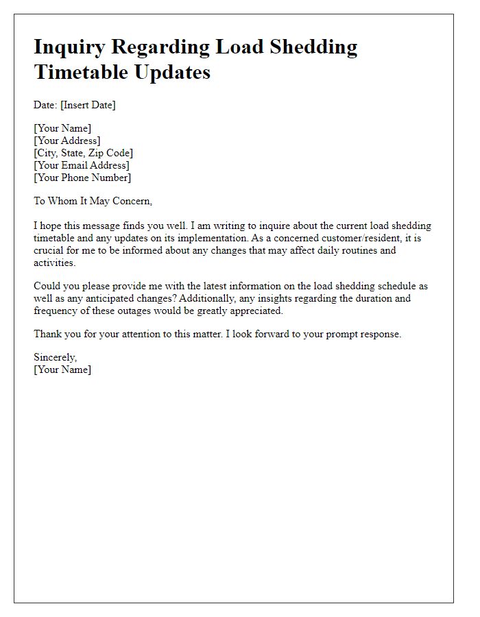 Letter template of inquiry regarding load shedding timetable updates.