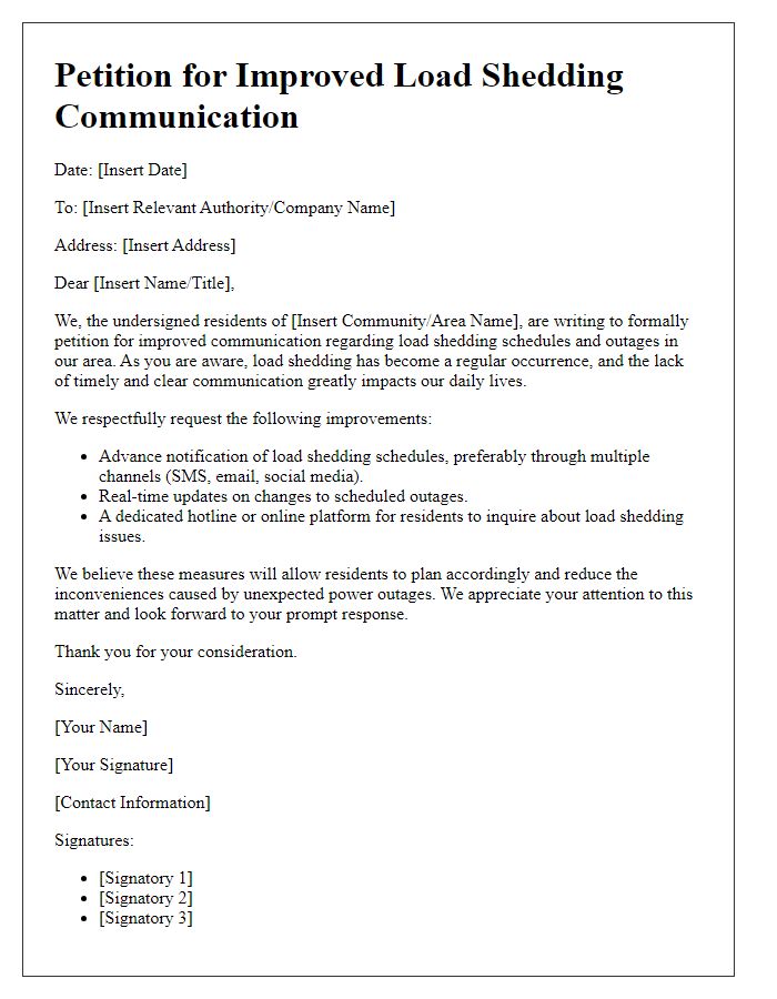 Letter template of petition for improved load shedding communication.