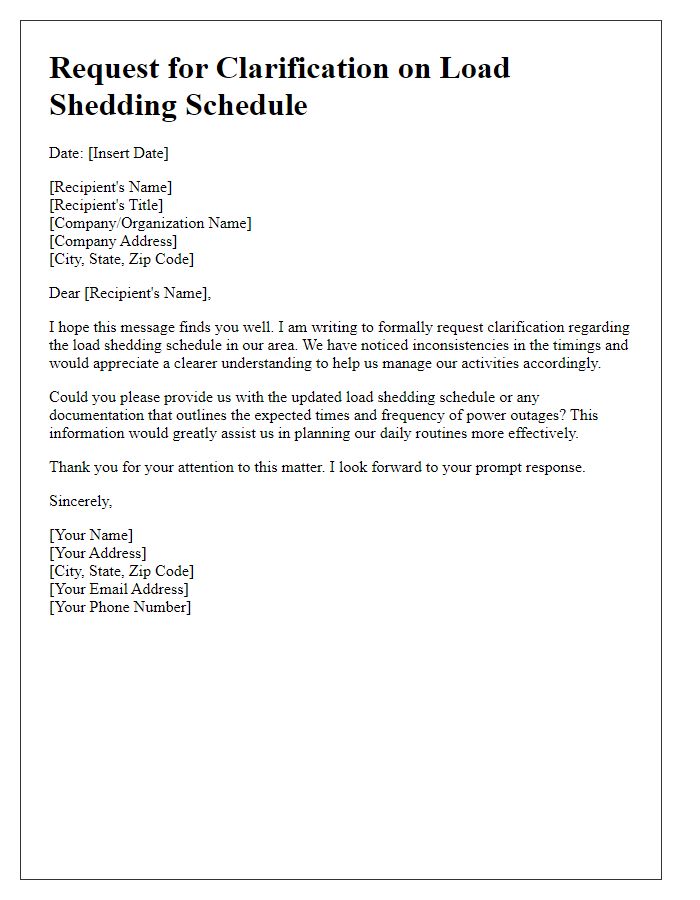 Letter template of request for load shedding schedule clarification.