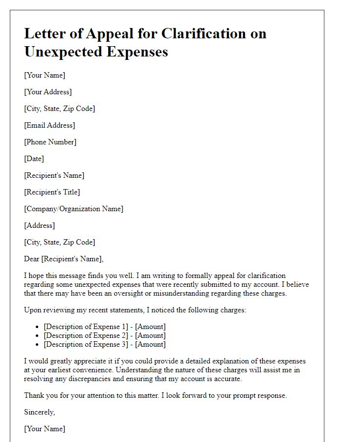 Letter template of appeal for clarification on unexpected expenses