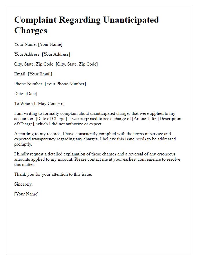 Letter template of complaint regarding unanticipated charges