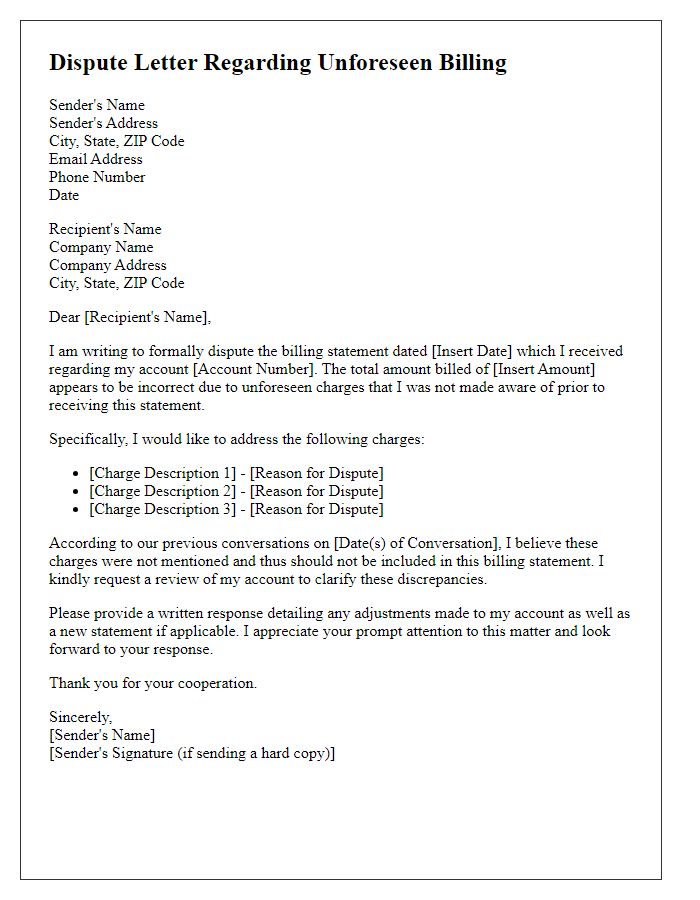 Letter template of dispute concerning unforeseen billing