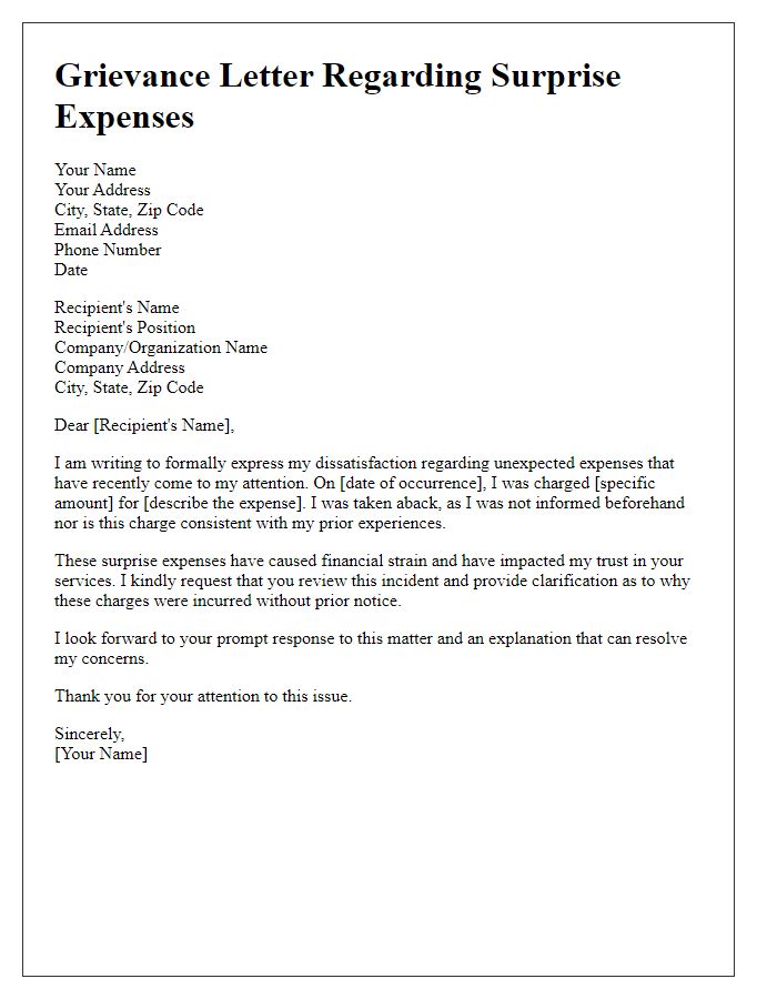 Letter template of grievance over surprise expenses