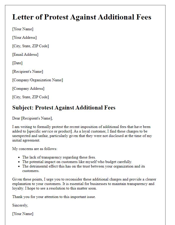 Letter template of protest against additional fees