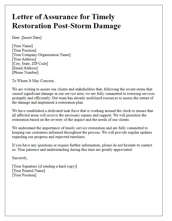 Letter template of assurance for timely restoration post-storm damage