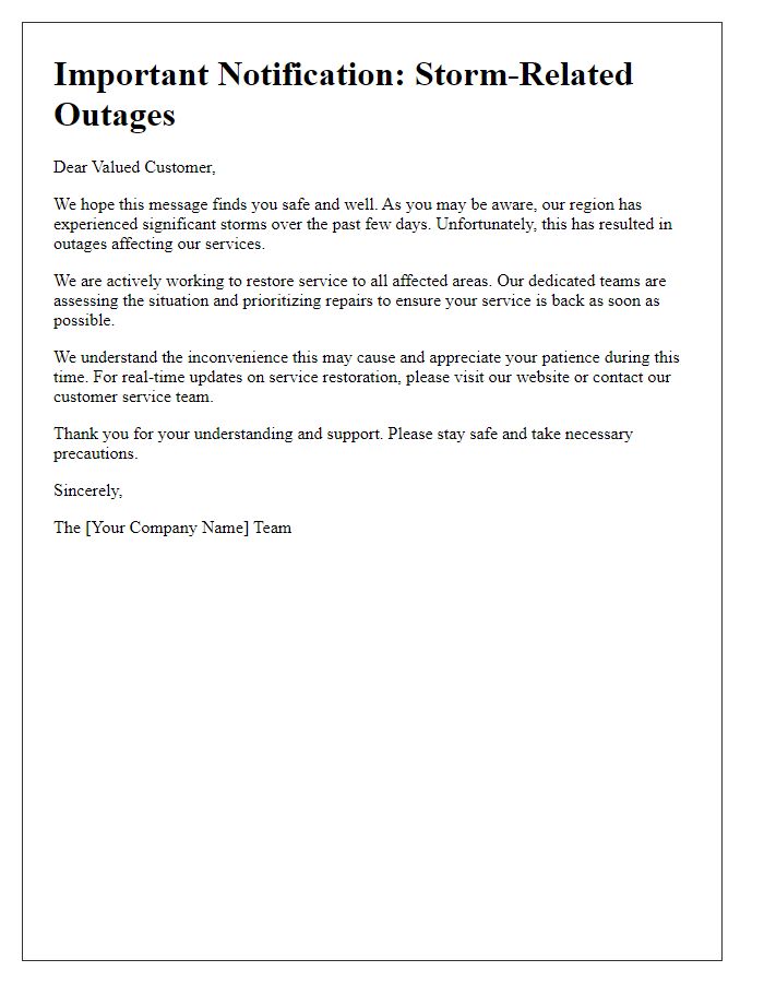 Letter template of customer communication regarding storm-related outages