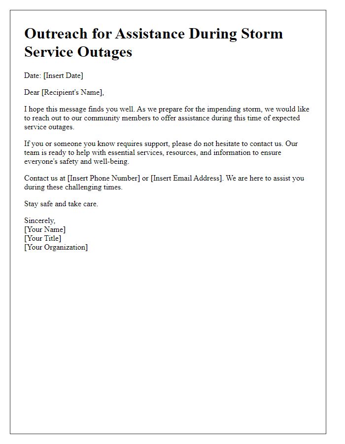 Letter template of outreach for assistance during storm service outages