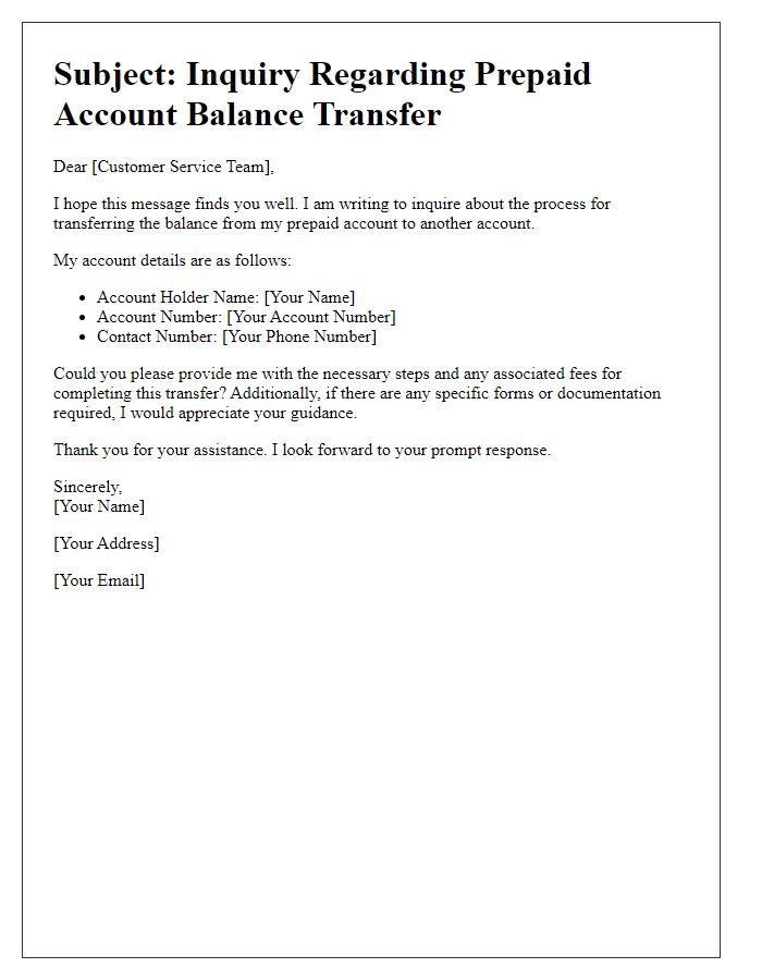 Letter template of prepaid account balance transfer inquiry.