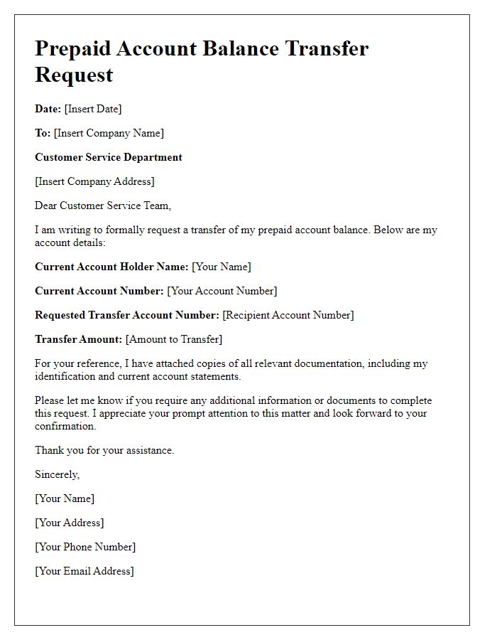 Letter template of prepaid account balance transfer request.