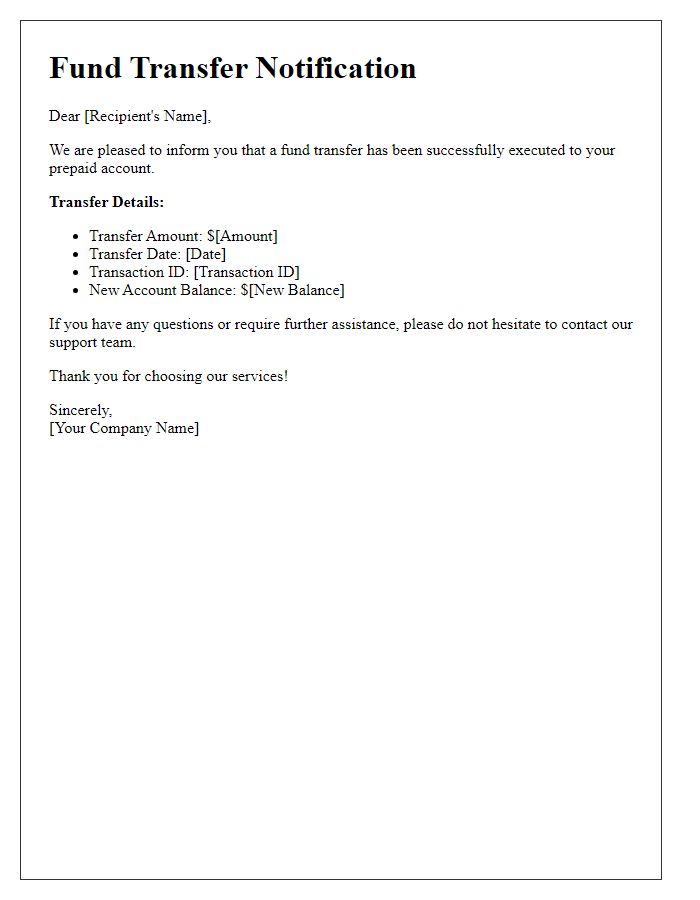 Letter template of prepaid account fund transfer notification.