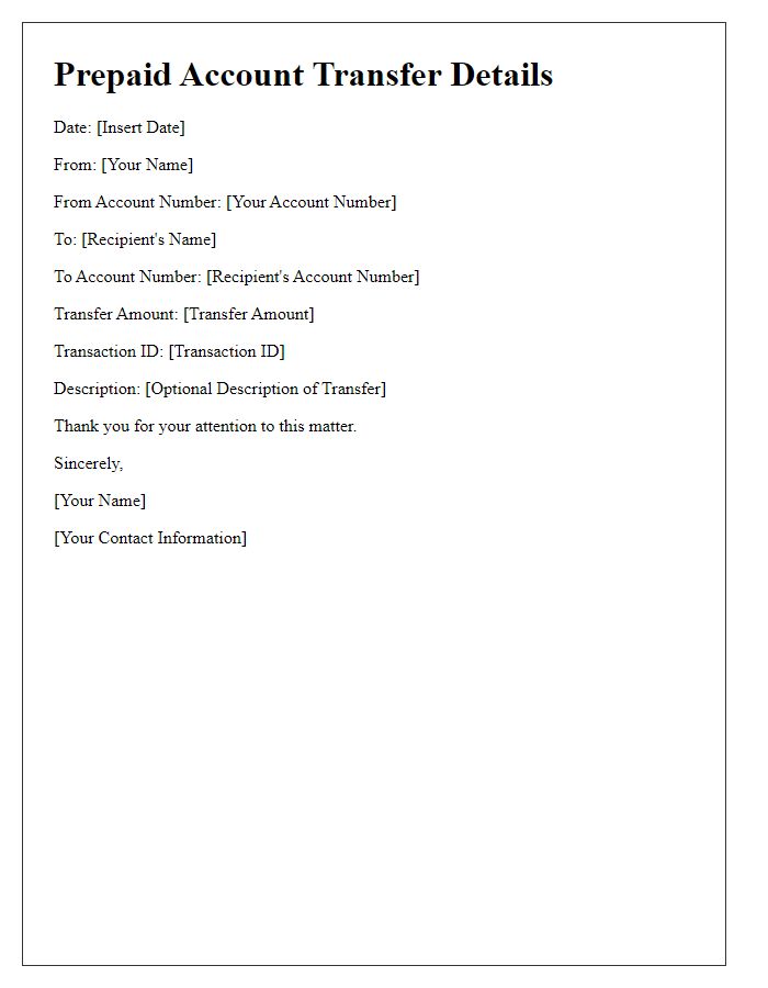 Letter template of prepaid account transfer details.