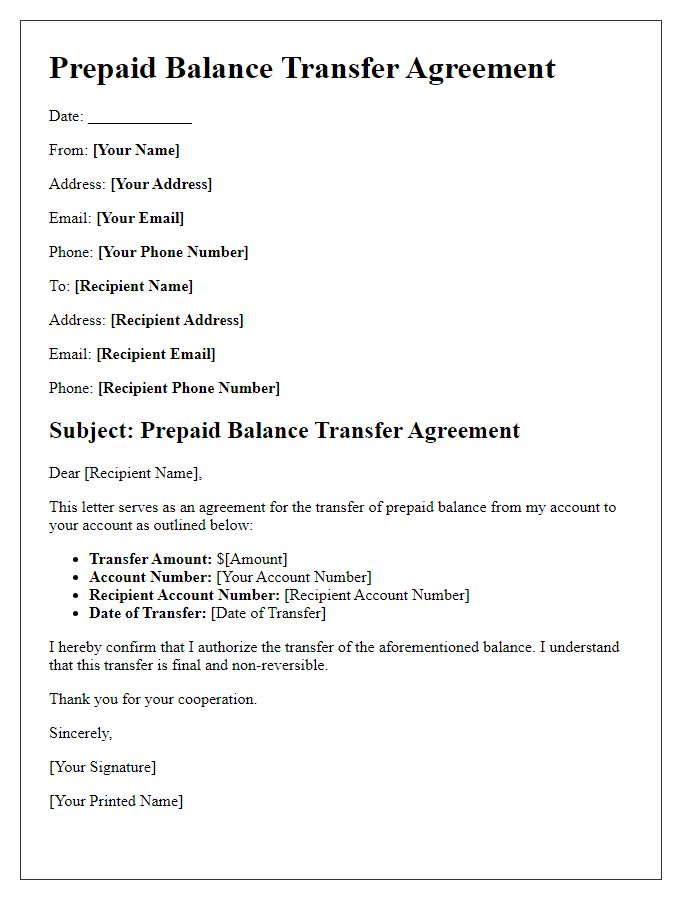 Letter template of prepaid balance transfer agreement.