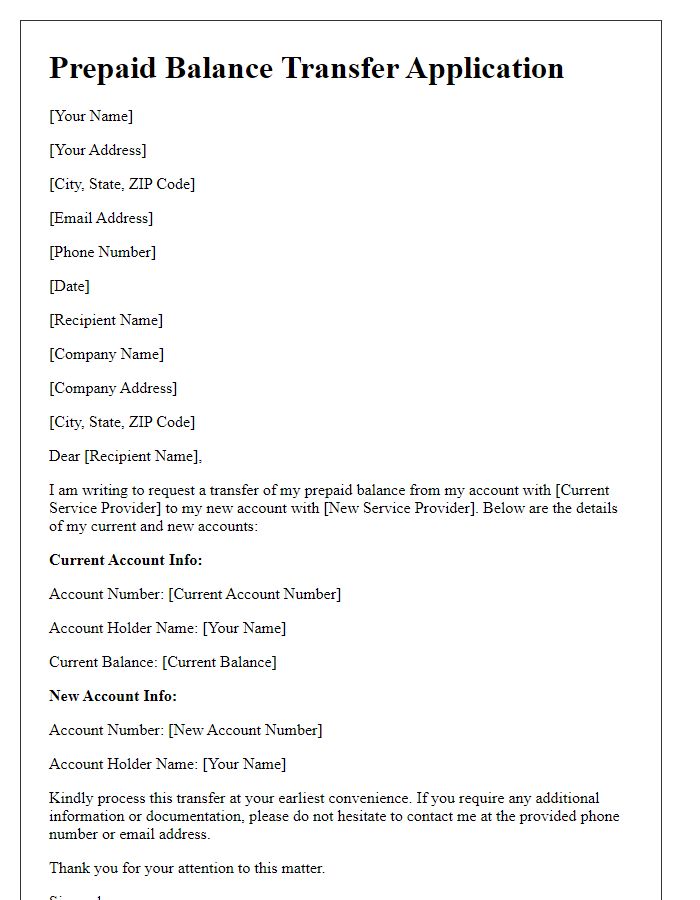 Letter template of prepaid balance transfer application.