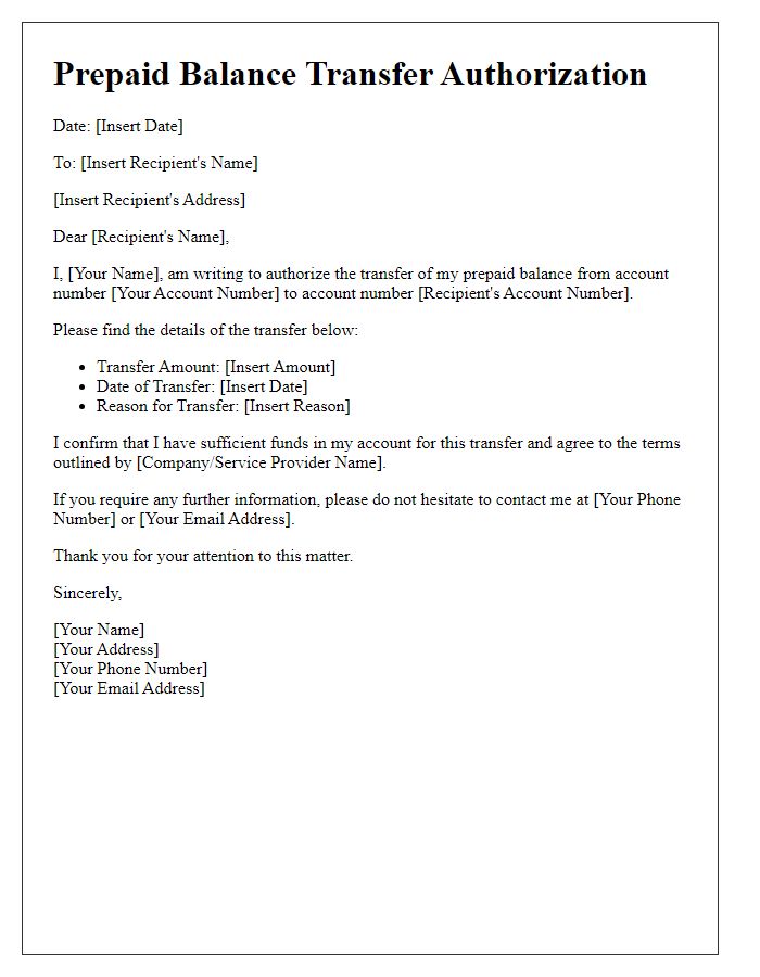 Letter template of prepaid balance transfer authorization.