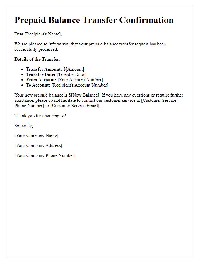 Letter template of prepaid balance transfer confirmation.