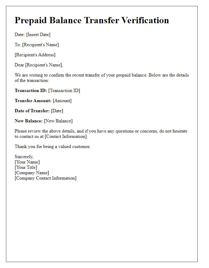 Letter template of prepaid balance transfer verification.