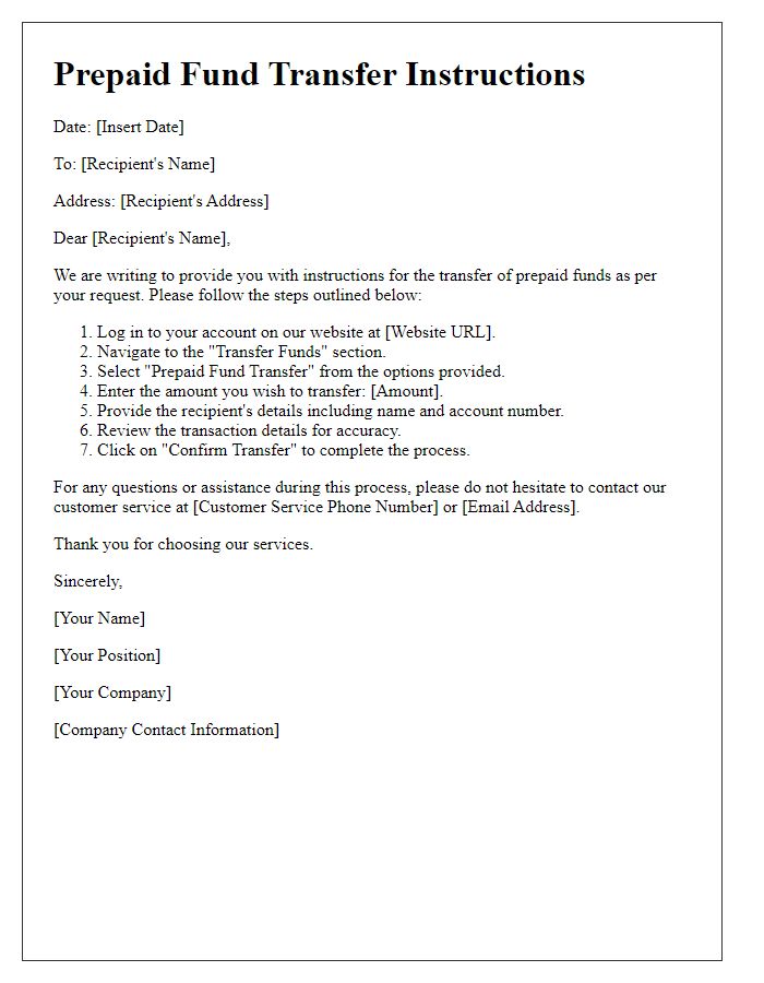 Letter template of prepaid fund transfer instructions.