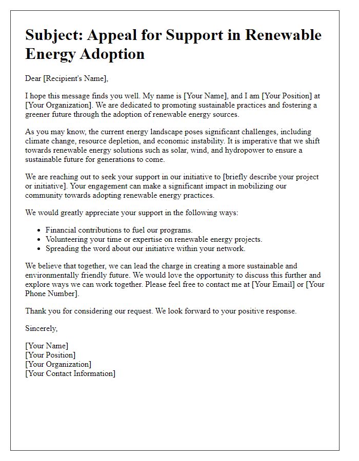 Letter template of appeal for support in renewable energy adoption