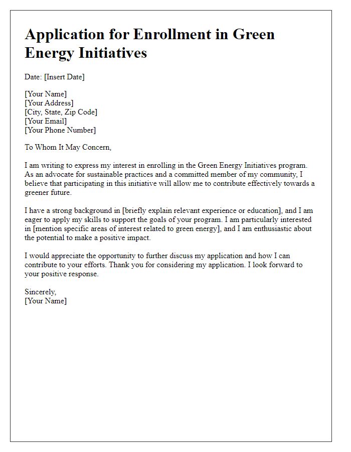 Letter template of application for enrolling in green energy initiatives