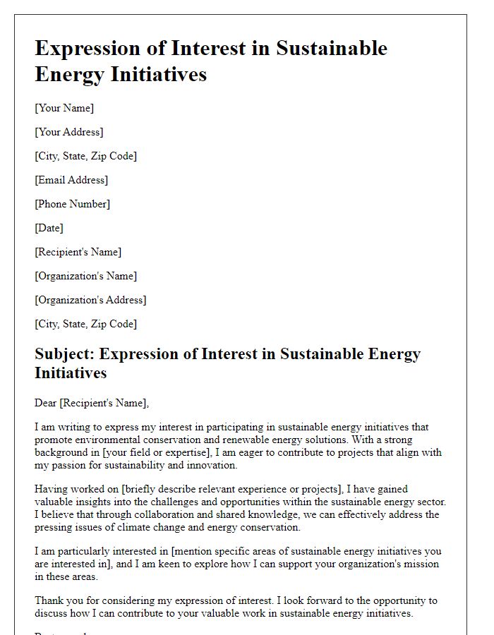 Letter template of expression of interest in sustainable energy initiatives