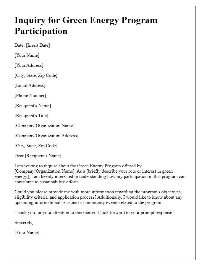 Letter template of inquiry for green energy program participation