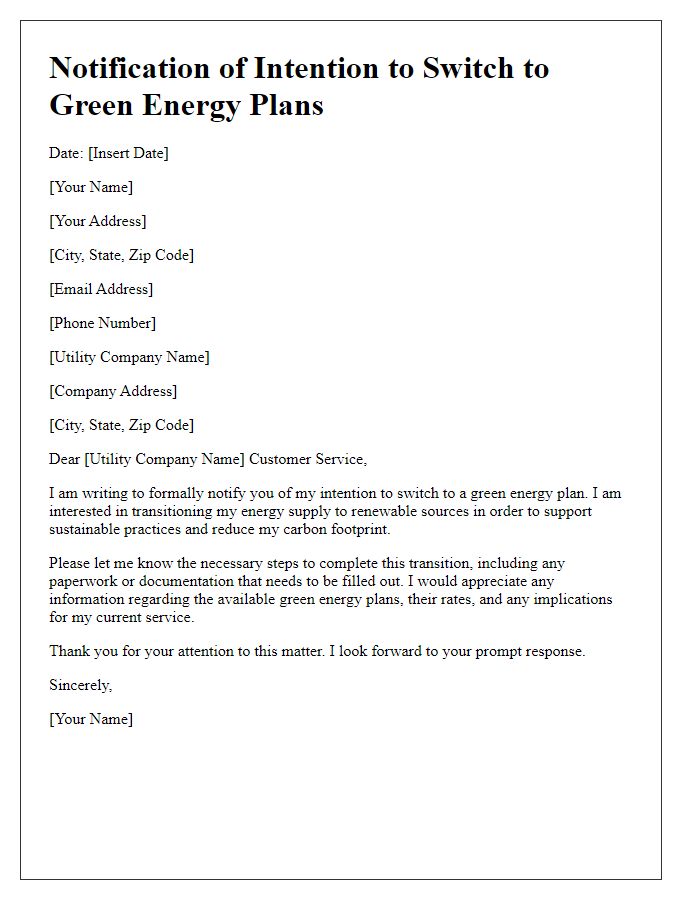 Letter template of notification of intention to switch to green energy plans