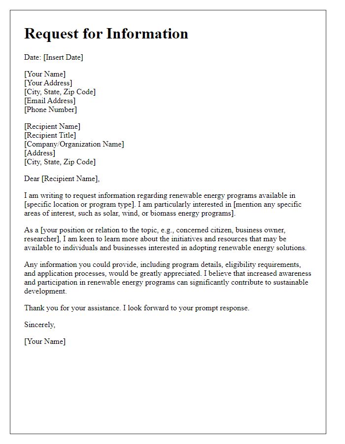 Letter template of request for information on renewable energy programs