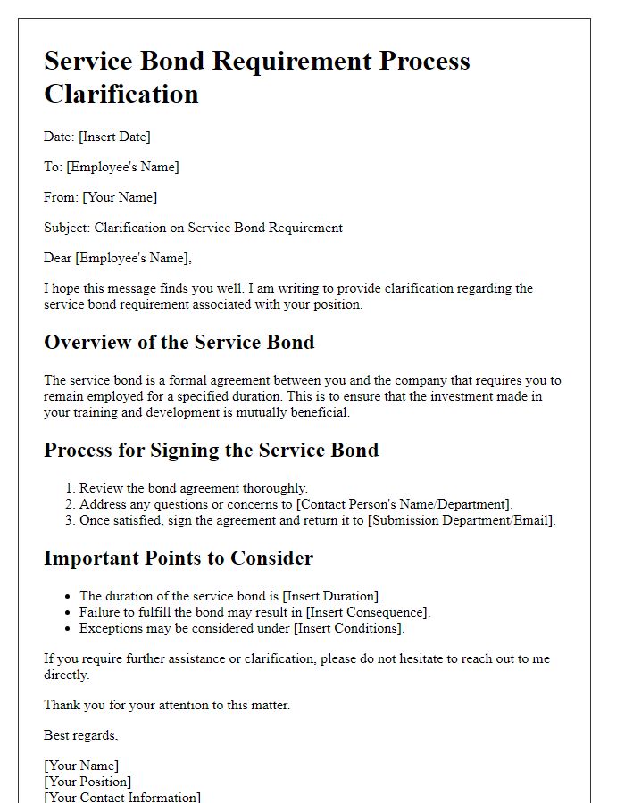 Letter template of service bond requirement process clarification