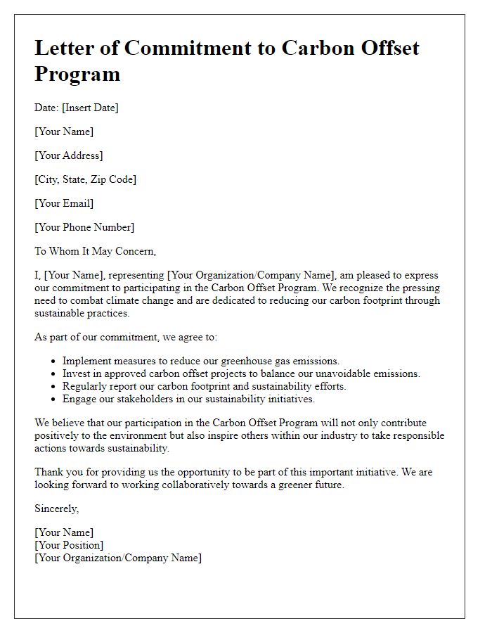 Letter template of commitment to carbon offset program participation